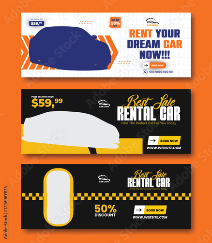 Car rent  facebook cover page bundle design, web banner for car promotion, sale banner template
