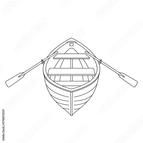 Simple Outline Illustration of a Wooden Rowing Boat with Oars.