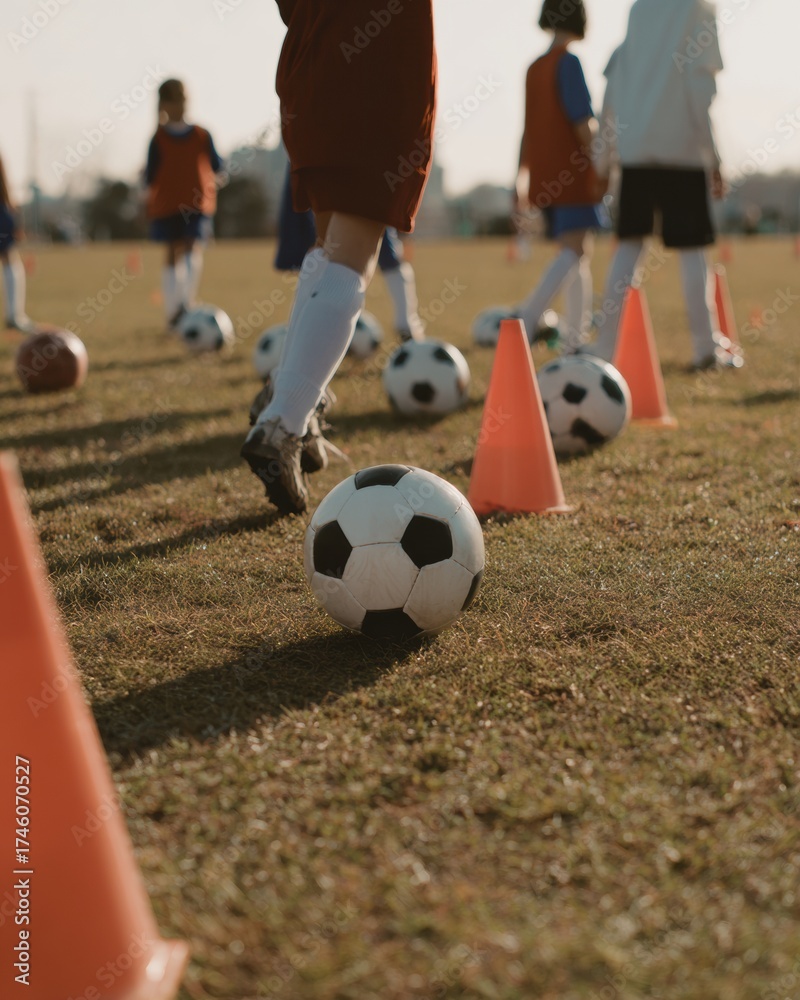 Obraz premium Youth Soccer Training with Precise Footwork and Coaching Premium Authentic Sports Education Content for Childrens Clinics and Marketing Campaigns