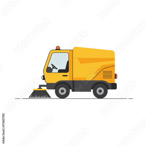 Yellow Street Sweeper Truck Side Profile Illustration