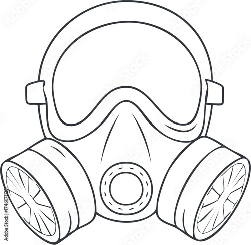 A detailed outline illustration of a gas mask, showing its components.