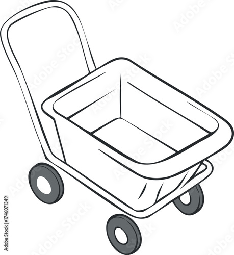 Simple line drawing of a small, empty wheelbarrow, ready for use.