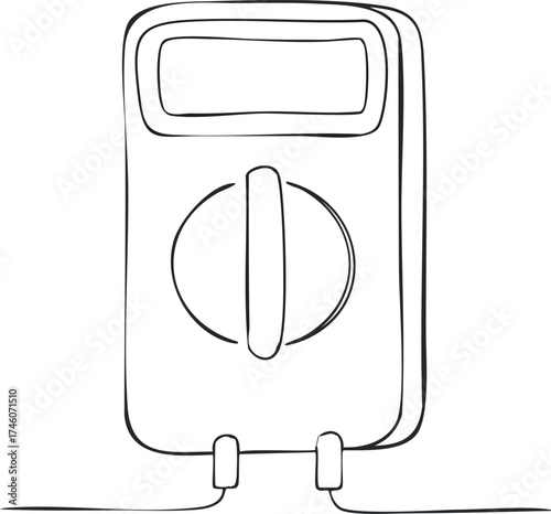 A simple line drawing of a multimeter, showcasing its display and probes.