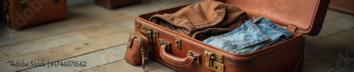 Wallpaper Mural Vintage Brown Leather Suitcase Open, Revealing Folded Clothes and Travel Accessories; Ready for Adventure, this image evokes classic travel, wanderlust, and a sense of exciting escapism. Torontodigital.ca