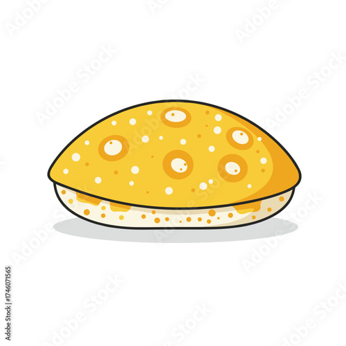 Cartoon flatbread with yellow surface, white spots and ringed circles
