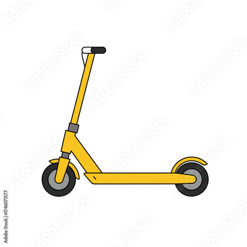 Cartoonish yellow scooter with black wheels and handlebar grips, outlined in black