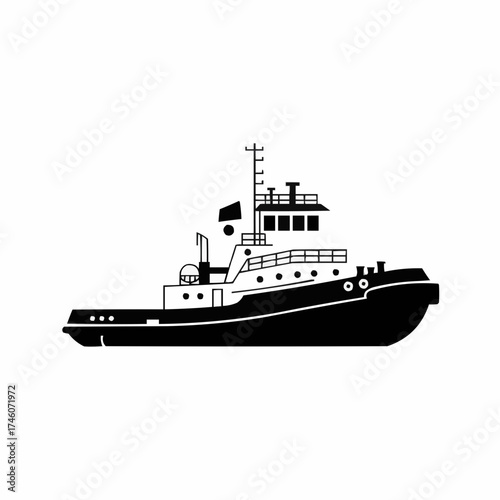 Harbor Tugboat Icon: Black Silhouette Vessel
