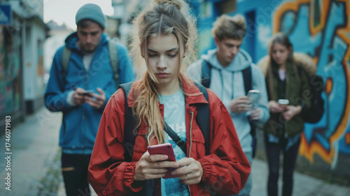 Young woman and teens around obsessively using smartphone while walking through busy urban street, illustrating mobile addiction and digital dependency among youth