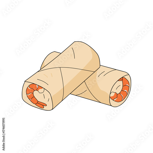 Two Freshly Rolled Spring Rolls with Visible Shrimp Filling.
