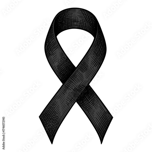 Vector illustration of black mourning ribbon, symbol of grief, respect, and condolence, detailed drawing in engraving style.