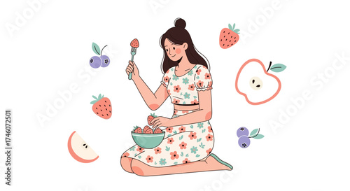 Healthy Lifestyle Portrayed Through a Girl Enjoying Fresh Fruits And Berries, Vibrant Colors