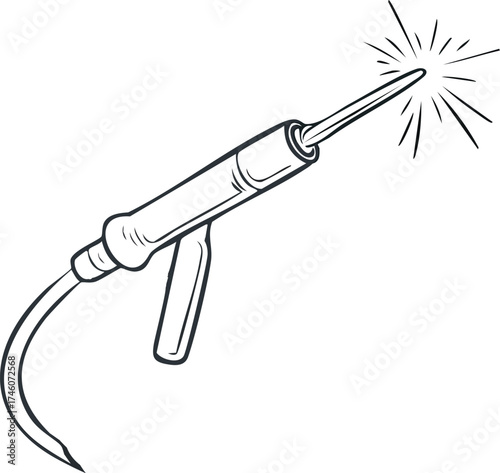 Illustration of a welding gun emitting sparks, shown in a simple, outlined style.