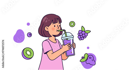 Healthy Lifestyle: Young girl drinks a fresh fruit smoothie in an illustrated design