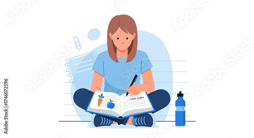 Healthy Living Illustrated: Girl Writes In Food Diary Planning Her Well-being Journey