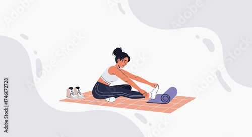 Healthy Woman Stretching Before Workout on Her Yoga Mat Prepares For Training.