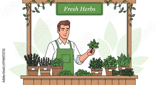 Herb Vendor Showcases Freshly Harvested Plants And Offers A Variety Of Greenery