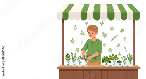 Herbalist Arranging Fresh Herbs at a Market Stall with Vibrant Green Colors
