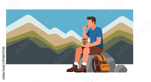 Hiker Enjoys Snack With Mountain View During Outdoor Adventure And Backpack