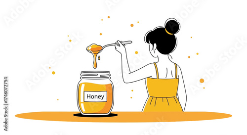 Honey Pouring: A Woman's Artistic Depiction of Sweetness and Golden Nectar Delight