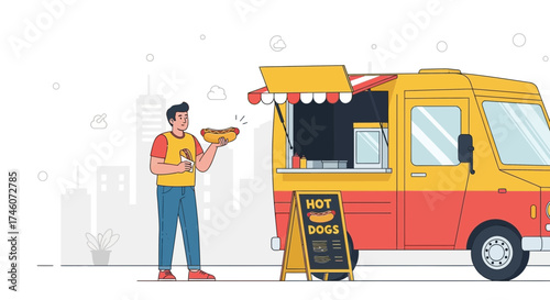 Hot Dog Vendor Displaying Delicious Food From Mobile Food Truck In City Setting
