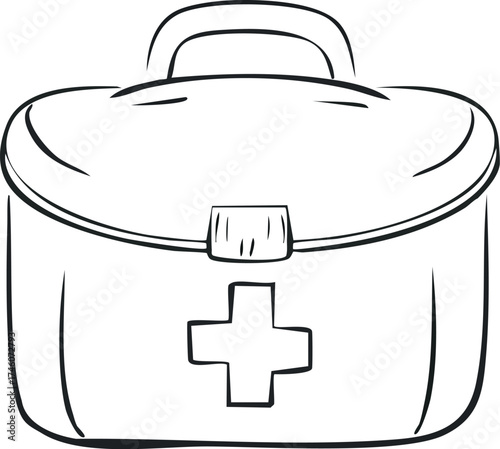 A simple, black and white illustration of a first aid kit, ready for emergencies.