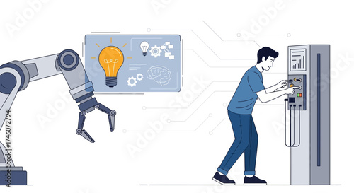 Human Interacting With Robotic Arm and System to Activate Bright Ideas for Future.