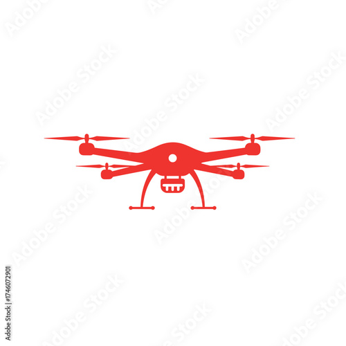 Crimson drone silhouette with four rotors and landing gear, front view