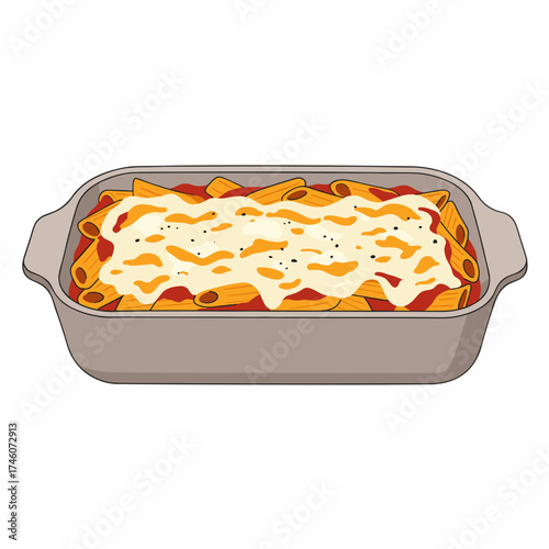 Baked Penne Pasta with Melted Mozzarella and Tomato Sauce in Casserole Dish