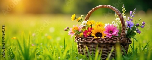 Wallpaper Mural Sun-Drenched Meadow Rustic Woven Basket Overflowing with Wildflowers ? Perfect for Springtime Harvest and Nature Themes Torontodigital.ca