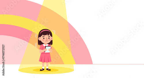 Illustrated Girl Experiencing Anxiety Holds Device Under Spotlight With Colorful Arcs