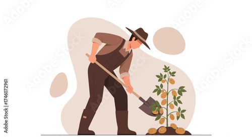 Illustration of a farmer digging up potatoes in the field garden agriculture farming