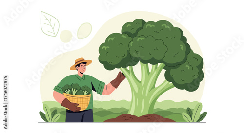 Illustration of a farmer harvesting broccoli from a large plant in a field
