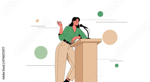 Illustrated presentation of a woman speaking at a podium during an event or conference