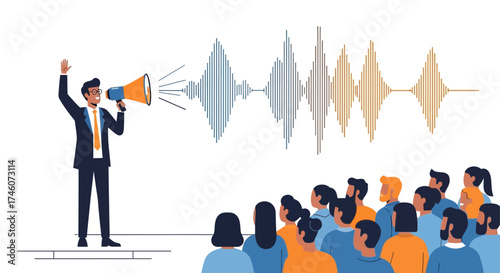 Illustration of a businessman communicating with megaphone and audience