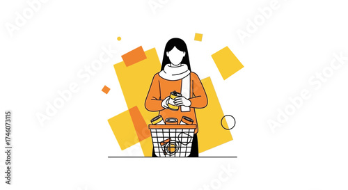 Illustration depicting a woman with a scarf holding canned food over a basket