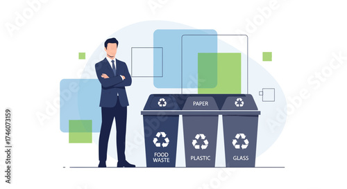 Illustration of a businessman in front of recycling bins and the concept of waste management