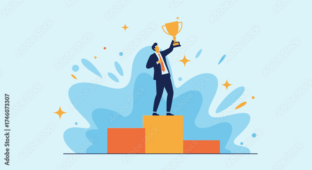 Fototapeta premium Illustration of a businessman winning a trophy on a podium, vector art