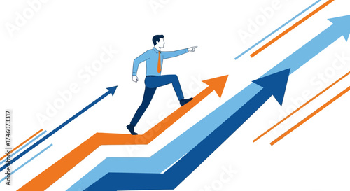 Illustration of a businessperson climbing an arrow representing growth and success