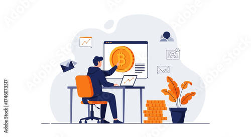 Illustration of a businessperson analyzing cryptocurrency on a computer screen