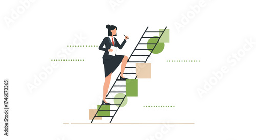 Illustration of a businesswoman climbing up a ladder, depicting career progression