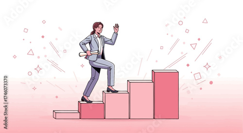 Illustration of a businesswoman climbing stairs representing career progression and success