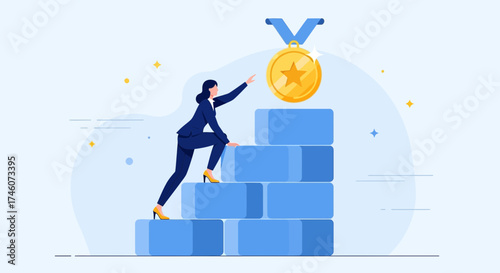 Illustration of a businesswoman reaching for a gold medal, symbolizing achievement and success