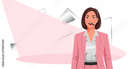 Illustration of a cheerful customer service representative in a pink suit wearing a headset