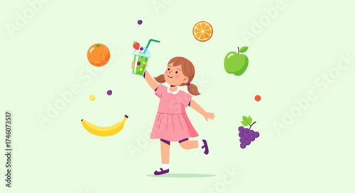 Illustration of a cheerful girl with a healthy juice and fruits in a fun style