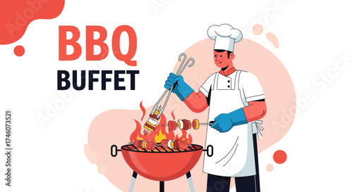Illustration of a chef cooking a barbecue buffet with skewers and fire, cartoon design