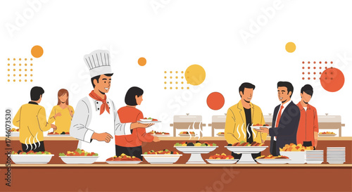 Illustration of a Chef at a Buffet Serving Food to People at a Gathering Event