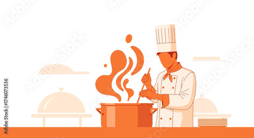 Illustration of a Chef Cooking and Preparing Food in a Kitchen Setting