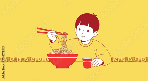 Illustration of a Boy Enjoying Noodles with Chopsticks on a Yellow Background