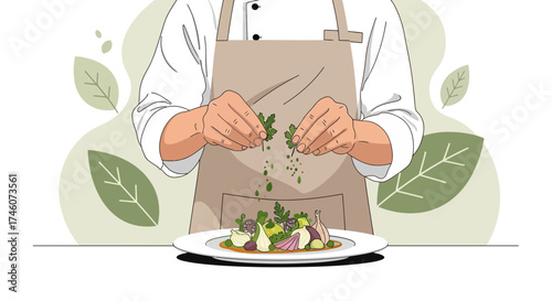 Illustration of a chef garnishing a gourmet dish with fresh herbs in preparation