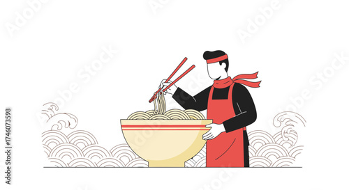 Illustration of a chef preparing a bowl of ramen noodles, asian food concept design only